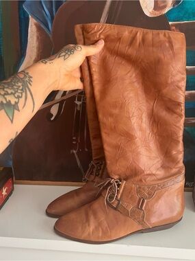 Brown Genuine Leather Knee High Riding Boots Western Boho Harness Style 8